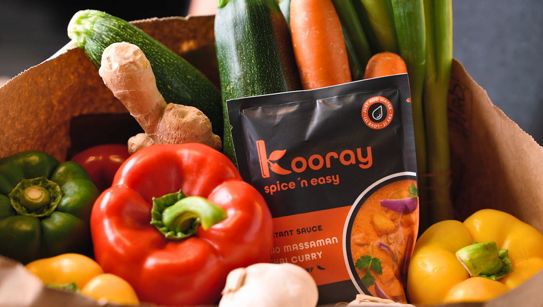 How to use Kooray: Einkäufe klein schneiden, in der Pfanne anbraten, Kooray Pulver hinzugeben, bis zur Markierung auf der Verpackung mit Wasser füllen und hinzugeben, umrühren und das Curry genießen.