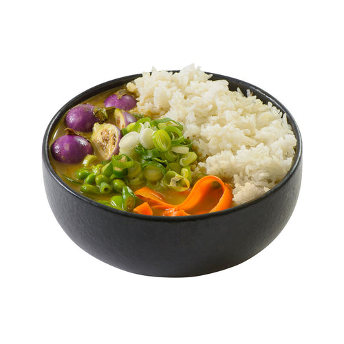 Bio grünes Thai Curry mit Auberginen, Erbsen und Reis